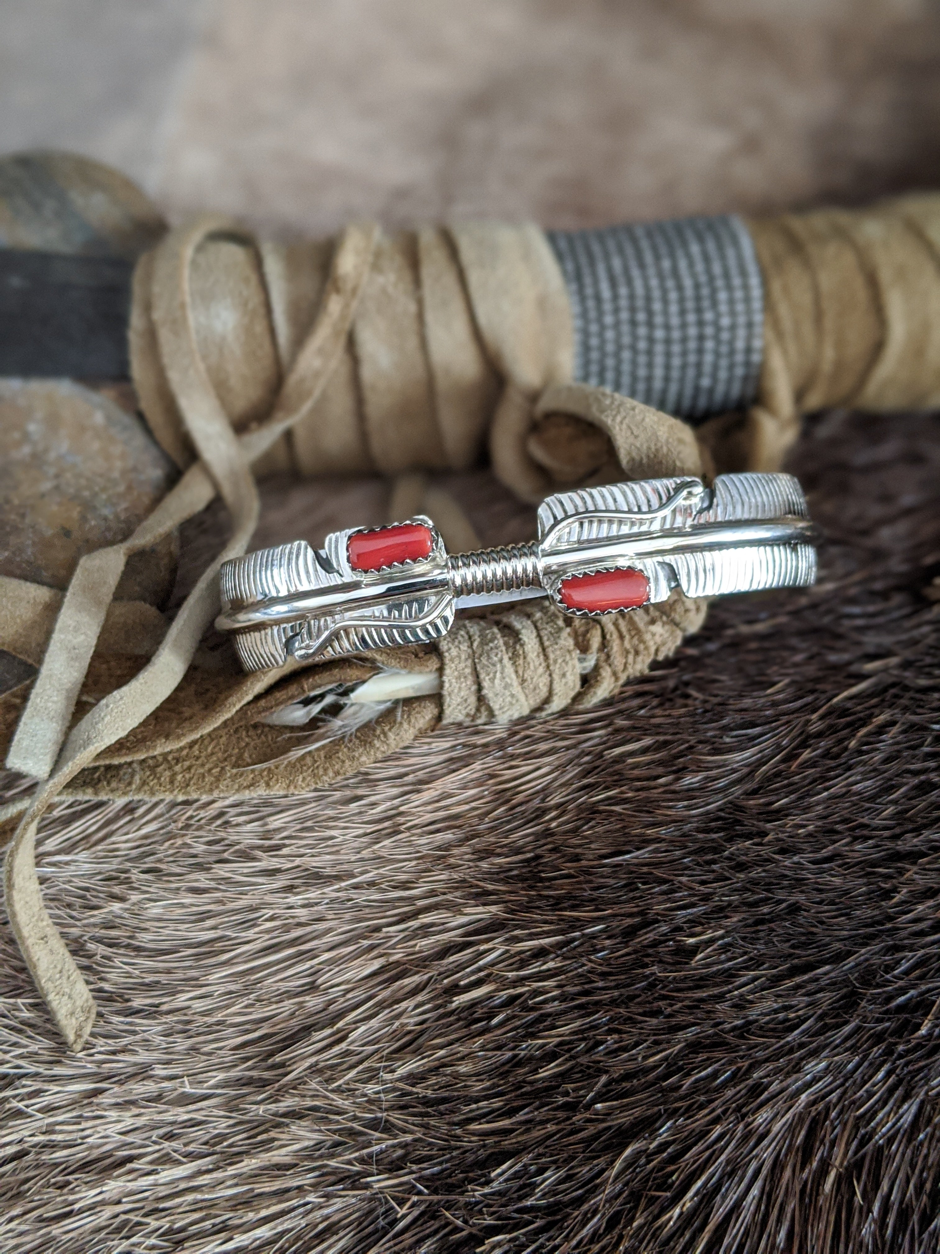 coral feather bracelet navajo sterling silver