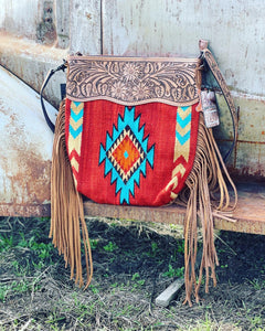 Tooled Leather Fringed Saddle Blanket Bag